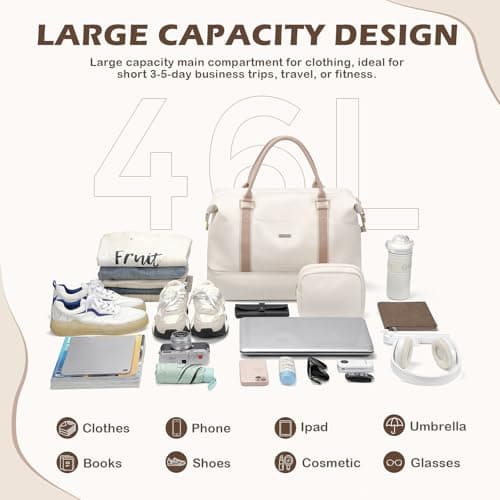 Weekender Bags for Women, Carry On Travel Duffel Bag with Shoe Compartment & Toiletry Bag, 46L Overnight Bag Gym Hospital Bags for Labor and Delivery (Cream White) — view 6