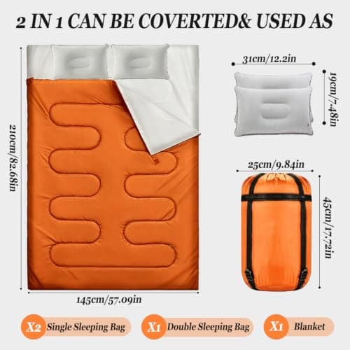Sleeping Bag, Double Sleeping Bag with 2 Pillows Extra Large 3-4 Season Lightweight, Waterproof Indoor & Outdoor Use for Adults for Hiking, Backpacking and Camping Travel (Orange Double) — view 2