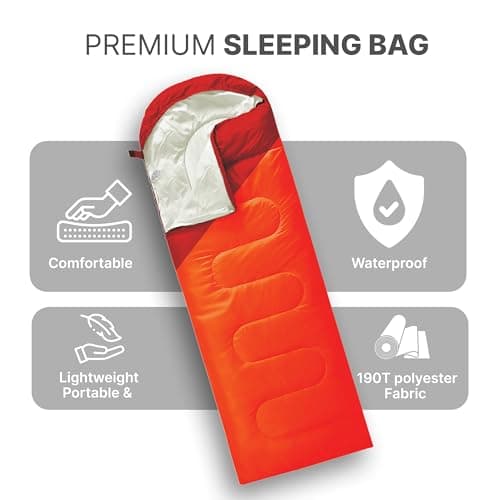 azark Premium Lightweight Sleeping Bag for Adults & Kids, 400 GSM, 4 Season Waterproof Sleeping Bag, Comfortable & Portable, Machine Washable, Camping & Hiking Essential (Orange/Red) — view 2
