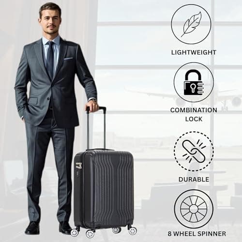 DK Luggage Carry-on 20” Cabin Virgin Atlantic, EasyJet, BA, Jet 2 Hard Shell Hand Luggage Suitcase 4 Wheel Spinner Luggage ABS25 (Black, 20" Carry-on) — view 6