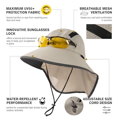 TOP-EX M/L/XL/XXL Unisex Mens Sun Hat with Neck Flap Sunglass Lock UPF 50 Wide Brim Outdoor Fishing Hats Hiking Safari Hat Waterproof & Packable Light Grey L/XL — view 2