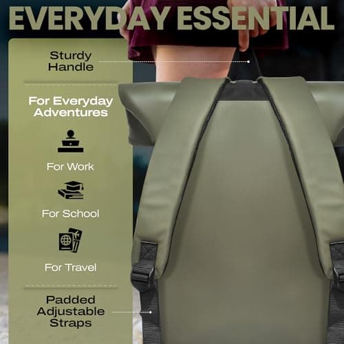 iNeq Roll Top Backpack Water Resistant Men and Women with Padded 15.6" Laptop & Tablet Compartments | Versatile Rolltop Rucksack | Expandable Travel Backpack for Work, School & Outdoors (Olive Green) — view 5