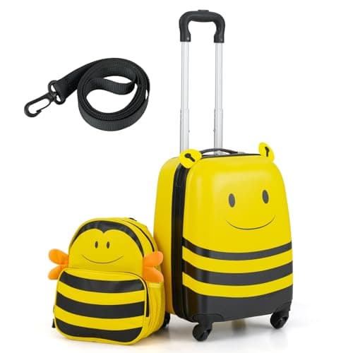 GYMAX 2Pcs Kids Luggage Set, 12" Backpack & 16" Children Hardshell Suitcase with Wheels & Anti-Lose Rope, Boys Girls Carry On Luggage Set for Travel School