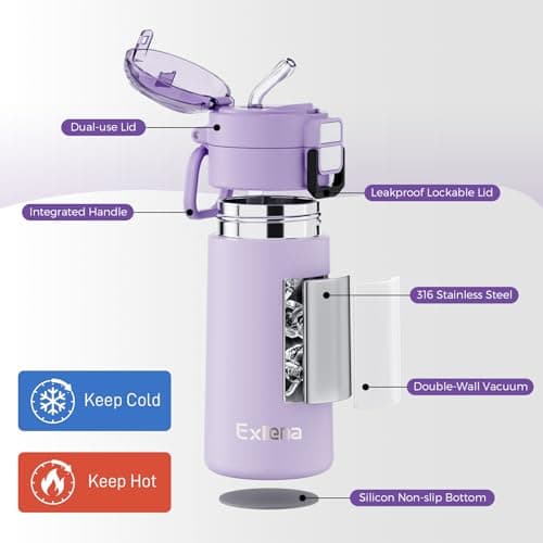 Exllena Small Insulated Water Bottle 400ml with Pop-Open Soft Straw & Spout 2-in-1 Lid, Kids Insulated Water Bottle Leak Proof for Cold&Hot Drinks, BPA-Free, Ideal for School, Handbag, Sport(Lavender) — view 2