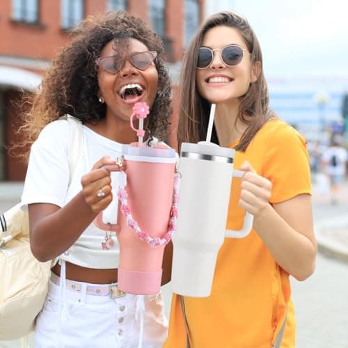 Sanilinwild 40 oz Tumbler Insulated Mug w/Straw & Flip Cap Lids - Cup Holder Bottle with 6 Accessories Set for Hot, Cold Drink - Leak-Proof - Water, Coffee Portable Travel Mug (Coral) — view 5