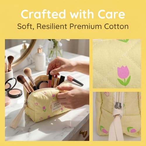 Makeup Bag for Women, Cute Coquette Quilted Cosmetics Make Up Organiser, Portable Travel Brushes Wash Storage, Toiletry Skin Care Pouch Aesthetic Cotton Case, Small Pink Floral (Yellow) — view 3