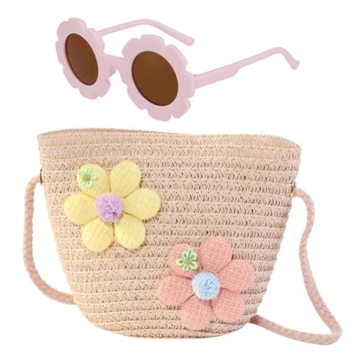 FOSDICK Straw Crossbody Bag With Girls Sunglasses, Small Straw Bag, Woven Straw Beach Bags, Summer Bags for Girl, Floral Holiday Handbag Daily Use, Travel, Beach and Outdoor Activities (Pink)