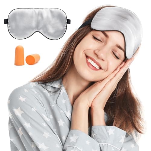 Viedouce Sleep Eye Mask,100% Natural Silk Eye Mask for Sleeping,Eye Blinder with Adjustable Strap and Ear Plug,Light-Blackout Design,Soft Sleep Mask for Women,Men and Kids(Silver)