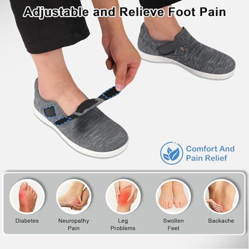 Men's Wide Walking Shoes Extra Wide Adjustable Slip On Orthopedic Barefoot Zero Drop Sneakers for Swollen Feet (Grey, Adult, Men, 8.5, Numeric, UK Footwear Size System, Wide) — view 4