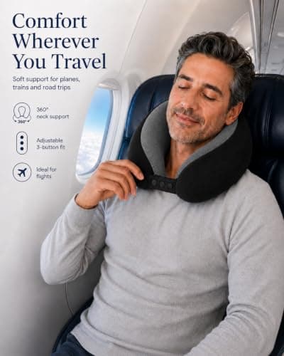 Travel Pillow for Airplane – Memory Foam Neck Pillow for Travel, Ergonomic Adjustable Flight Pillow for Adults, Compact Neck Cushion with Eye Mask, Ear Plugs & Carry Bag (Black) — view 2