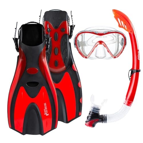 Two Bare Feet Adults 3 Piece Silicone Mask, Snorkel and Fins Diving Set, Anti Fog Anti Leak Snorkelling Set - Style 3 (Red, Standard Snorkel, LXL UK9-13)