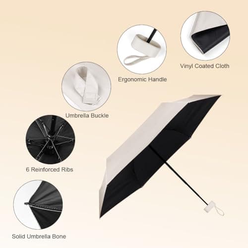 Aolso Travel Umbrella - 6 Ribs Mini UV Folding Sun Umbrella, Windproof Rain Protection With Capsule Case, Portable Pocket Size for Men Women (White) — view 6