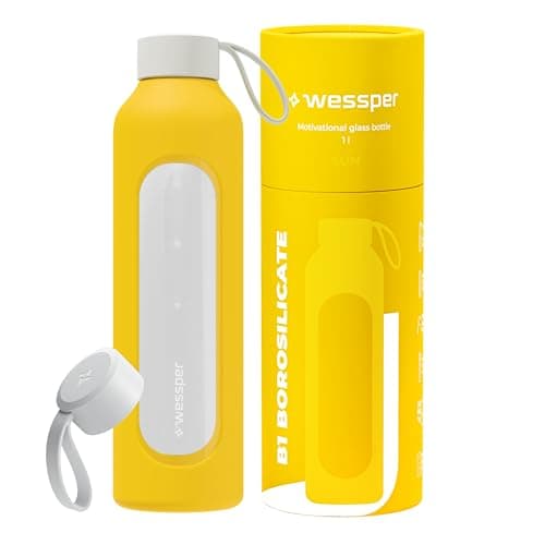 Wessper Glass Water Bottle 1L with Time Markings, BPA-Free Drinking Motivation Borosilicate Water Bottle, Airtight Glass Bottle with Bamboo Lid, Reusable with Silicone Case - Yellow