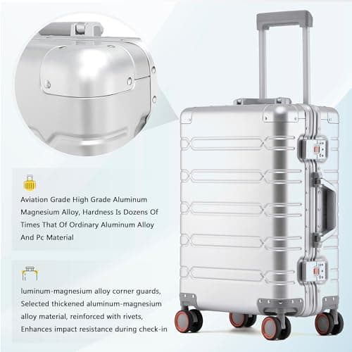 Simcat All Aluminum 20 inch Carry On Luggage, Aluminum Alloy Hard Shell Cabin Suitcase, Airline Approved Carry On Suitcase with TSA Locks, Silent Wheels (Silver, Modern Style) — view 5