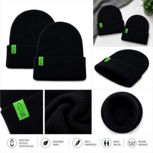 3CUBE Recycled Polyester Roll-Up Beanie Hats, Pack of 2, Unisex Winter Knitted Hats, Made from Recycled Plastic Bottles, One Size – Black, Navy and Royal Blue (Black) — view 2