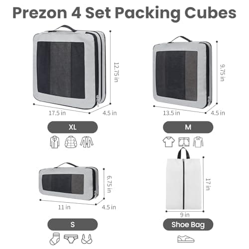 Prezon Large Compression Packing Cubes, Full Open Visible Design， Expandable Packing Organizer with Travel Shoe Bag for Suitcase & Backpack, 4 Set Lightweight Travel Bags for Vacation & Camping — view 3