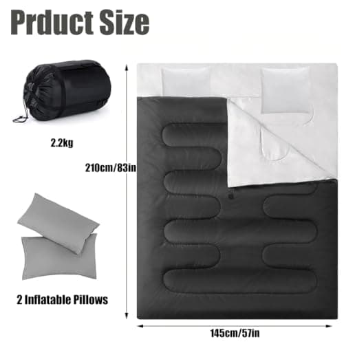 Double Sleeping Bag, Extra Large 3-4 Season Lightweight,Waterproof Indoor & Outdoor Use for Adults & Kids, Premium Sleeping bag for Hiking, Backpacking and Camping (Black) — view 2