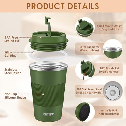 KETIEE Travel Mugs 380ml Insulated Coffee Cup with Leakproof Lid, Double Walled Coffee Mug, Reusable Coffee Cups,Stainless Steel Thermal Travel Mug for Hot Cold Drinks,Olive Drab — view 2
