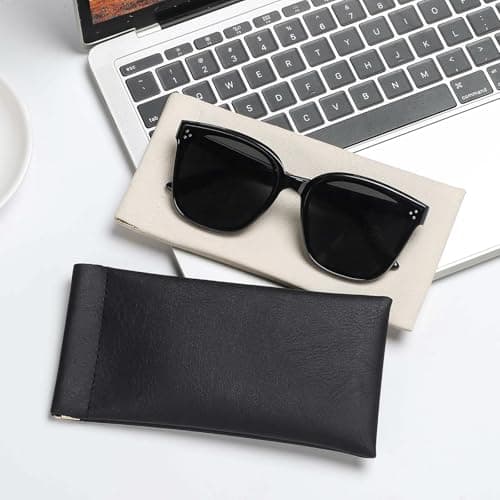 Etercycle Soft Eyeglass Case, 2 Pcs Travel Sunglass Cases for Women Portable Squeeze Top Leather Glasses Bag (Black, Beige) — view 4