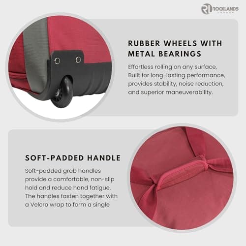 Rocklands® Lightweight Wheeled Holdall Small Duffle Trolley Suitcase Thick Heavy-Duty Cross Nylon EVA-Backed Front, Hard Base Carry On Travel Bag (Small - 20" (H52xW32xD30 cm), Burgundy) — view 4