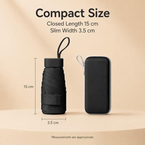 WHJYCC Mini Travel Umbrella, UPF 50+, 6-Rib, Black, with Zip Case — view 4