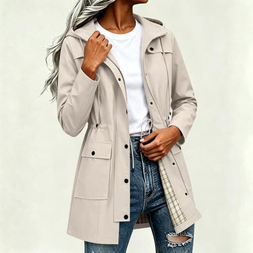 Znwerma water proof jacket women Waterproof Jacket Lightweight for Women Ladies Windbreaker Rain Coats Full Zip Hooded Long Raincoat Casual Hiking Walking Outwear Beige — view 2