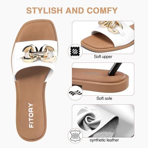 FITORY Women Flat Sandals Slip On Leather Slide Summer Pure White Size 7 — view 5