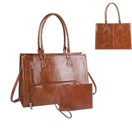 15.6‑Inch PU Leather Laptop Tote Bag, Women Work Handbag with Lunch Pocket