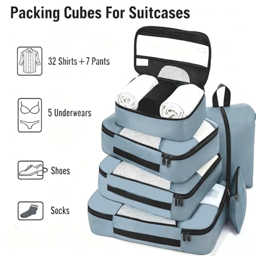 Travel Packing Cubes, 6-Piece Packing Organisers Set with Clear EVA Windows, Suitcase Organiser Bag for Backpack Carry On Luggage, Hanging Toiletry Bag with Pocket, Travel Cubes Organizer(Grey-Blue) — view 5