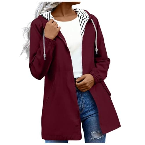 Womens Waterproof Jackets Wine Jacket Windbreaker Travel Windproof Loose Light Rain Coat With Pocket Outdoor Walking Hiking Womens Raincoat Ladies Coats Hooded Rainproof Zipper