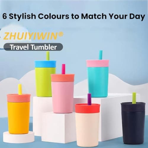 ZHUIYIWIN Insulated Stainless Steel Tumbler 12oz with Silicone Straw Lid, Leakproof Travel Coffee Cup, Double Wall Vacuum Insulated Tumbler for Hot & Cold Drinks, Reusable Car & Desk Cup (Pink) — view 4