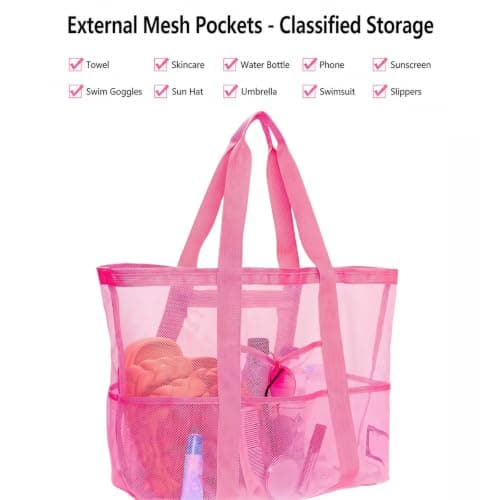 Jenck Large Mesh Beach Tote Bag, Oversized Swim Bag with Multiple Pockets, Portable Quick Dry Sandproof Pool Tote for Travel Gym Vacation, Rose — view 3