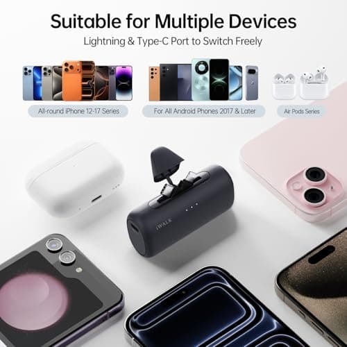 iWALK 5500mAh Portable Charger, 20W Fast Charging Power Bank with Built-in USB-C & Lightning Connectors, Mini Plug-in Battery Pack for iPhone 17/16/15/14/13/12, Android Phones & AirPods, Black — view 6