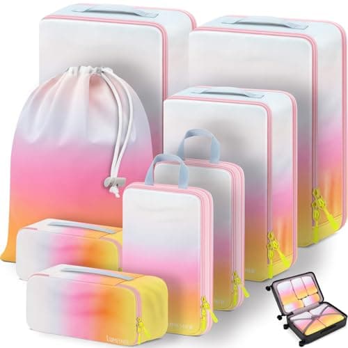 Compression Packing Cubes, Lumesner 8 Set Travel Essentials Packing Cubes for Carry on Suitcases, Compression Suitcase Organizers Bag Set & Travel Cubes (8-piece, Omber: Yellow/Blue)