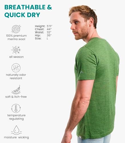 100% Merino Wool T Shirt Mens - Merino Wool Base Layer Men + Hiking Socks (Olive Grove, Medium) — view 2