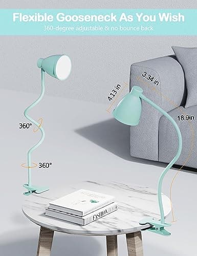 BOHON Desk Lamp with Clamp, 10W 38 LED Clip on Light, 3 Color 10 Brightness Auto Off Timer, Flexible Gooseneck Clip Lamp, Desk Lights for Office Home Bed Bedside Reading, Adapter Include, Teal — view 5