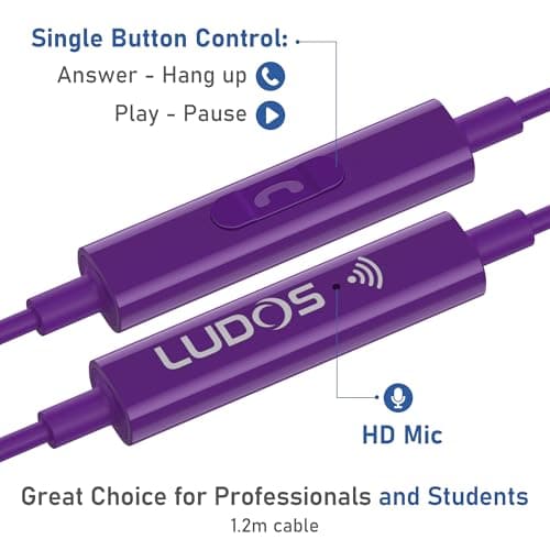 Ludos OMNITONE Wired Earbuds in-Ear Headphones, Earphones with Microphone, 5 Years Warranty, Noise Isolation Corded for 3.5mm Jack Ear Buds for iPhone, iPad, Samsung, Laptop, Gaming, Sports - Purple — view 3