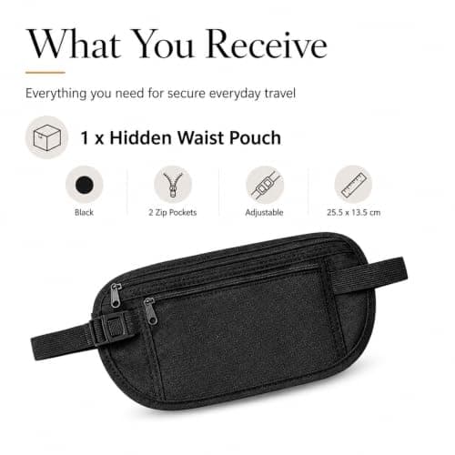 Travel Money Belt, Slim Black Passport Pouch, 2 Zip Compartments, 1-Piece — view 3