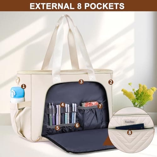 Kuosdaz Teacher Tote Bag for Women 15.6in Laptop Bag Work Bag Nurse Bag, Professional Briefcase Computer Purse Handbag, Large Utility Tote Messenger Shoulder Bag, Beige — view 3