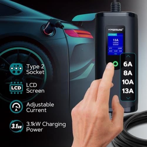 VORSPRUNG® Portable Type 2 EV Charger – 10 Metre EV Charging Cable with Digital Control Screen, UK 3 Pin Plug, T2 Female Connector, Adjustable 6A 8A 10A 13A, Free Carry Case (10M) — view 4