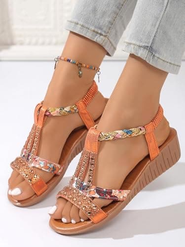 AEHAXGD Rhinestone Wedge Sandals for Women 2026 Summer Orthopedic Bohemia Sparkly T Strap Shoes Embellished Jeweled Beaded Sandals with Elastic Ankle Strap Comfy Cute Sandals for Beach Travel — view 4