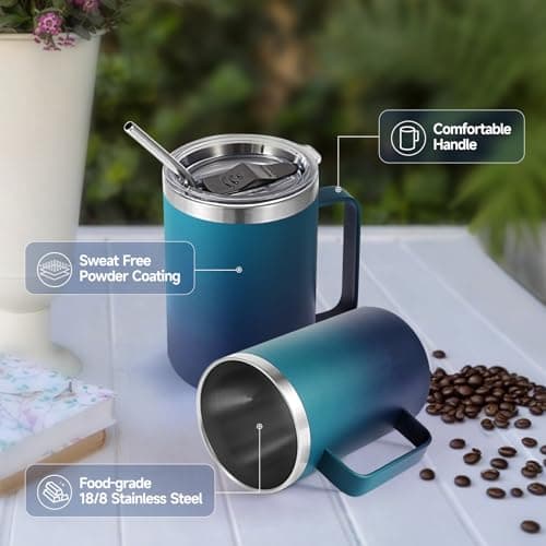 Volhoply 470ml (16oz) Insulated Coffee Mug with Lid and Straw, Stainless Steel Travel Mugs with Handle, Double Wall Vacuum Leak Proof Coffee Tumbler Cup (Dark Night,1) — view 4