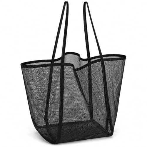 Crownflux Large Black Mesh Beach Bag for Men Women, Foldable Beach Tote