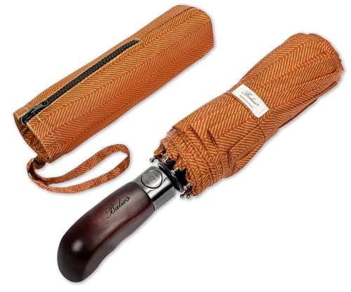 Balios Folding Umbrella Real Wood Handle Herringbone Gold Flame