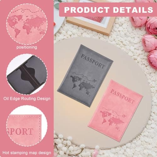 Copbopwn 2 Pcs Passport Holder Travel Wallet PU Leather Passport Cover Passport Case Pink Travel Accessories for Women Travel Accessories for Passport Ticket Boarding Pass Business Card Credit Card — view 3