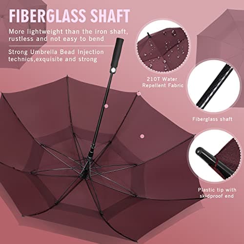 ZOMAKE Golf Umbrella Windproof and Rainproof 68in, Large Umbrella Windproof Strong, Big Golfing Brolly Unbreakable Double Canopy for Men Women (Maroon) — view 6