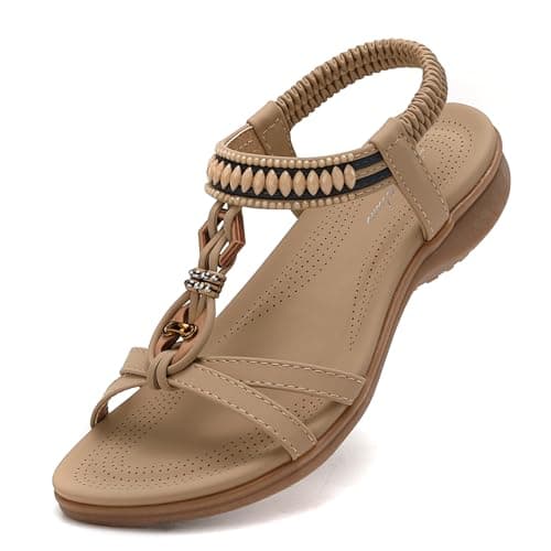 Littleplum Womens Flat Sandals Ladies Summer Beach Sandals with Elastic Back Strap(Beige,38EU)
