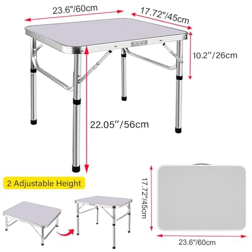 Folding Tables, Aluminum Picnic Table with 2 Adjustable Height (26/56cm), 2ft Camping Table with Carrying Handle, Lightweight for Picnic, Barbecue, Fishing, Outdoor, Indoor, L60 x W45 x H56 cm, White — view 3
