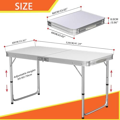 4FT Large Folding Table, Adjustable Heights Heavy Duty Folding Camping Table, Portable Lightweight Aluminum Trestle Table, Picnic Table with Carrying Handle, 120x60cmx3 Height 70/62/55cm, White — view 2
