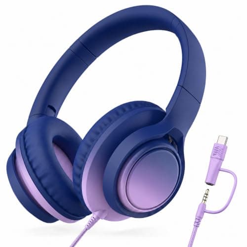 Zollexa Kids Wired Headphones, 85/94dB, Mic, USB-C Adapter, Midnight Blue